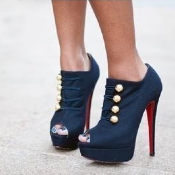 Christian Louboutin Shoes - Christian Louboutin Navy Flannel "Loubout" 150 Peep-Toe Booties